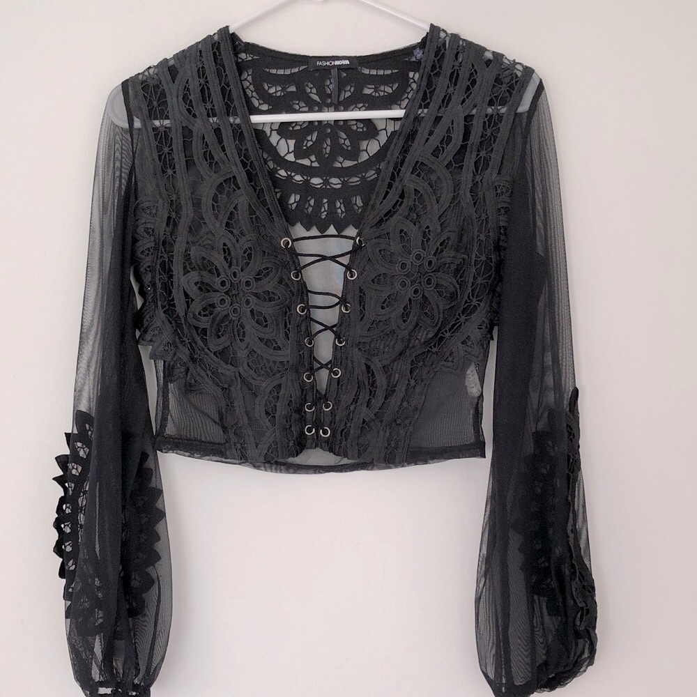 M Goth Lace Up Mesh Net Sheer Top Lace